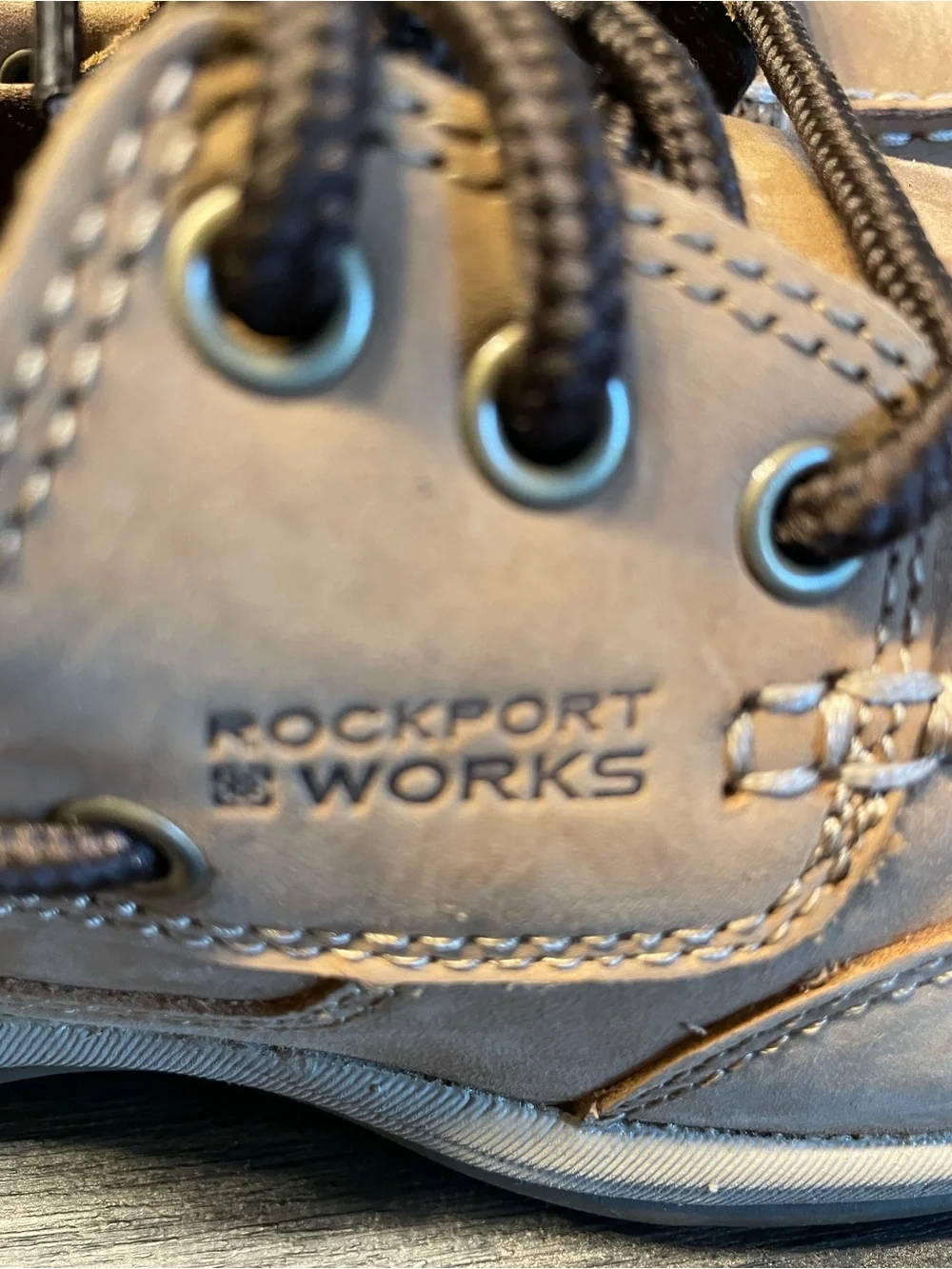 Rockport Works Men's Brown Leather Steel Toe Boat Shoes with Dark Brown Laces